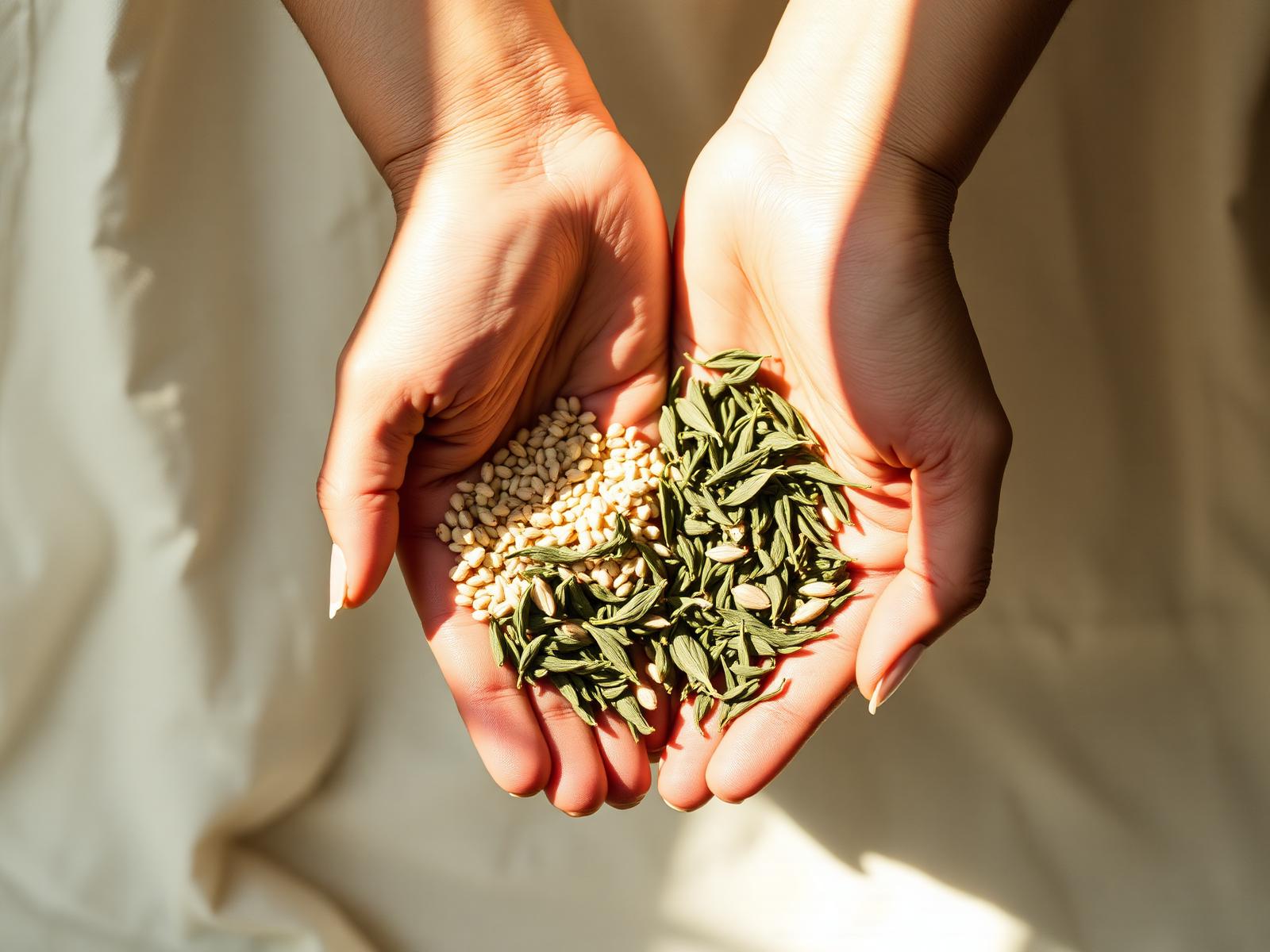 Hands cradling organic grains and tea leaves